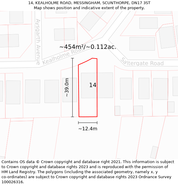 14, KEALHOLME ROAD, MESSINGHAM, SCUNTHORPE, DN17 3ST: Plot and title map