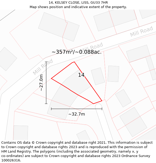 14, KELSEY CLOSE, LISS, GU33 7HR: Plot and title map