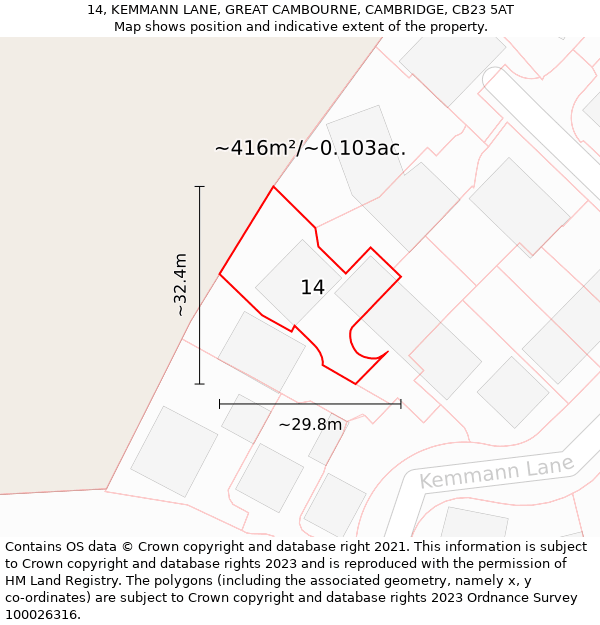 14, KEMMANN LANE, GREAT CAMBOURNE, CAMBRIDGE, CB23 5AT: Plot and title map