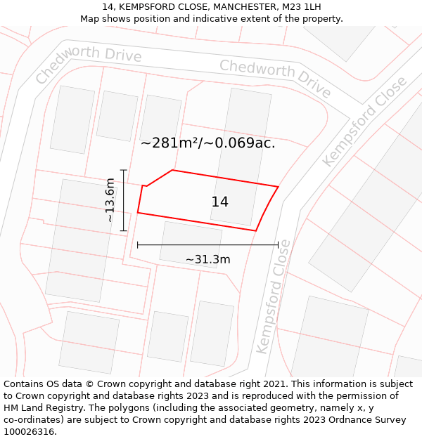 14, KEMPSFORD CLOSE, MANCHESTER, M23 1LH: Plot and title map