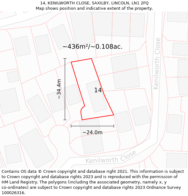 14, KENILWORTH CLOSE, SAXILBY, LINCOLN, LN1 2FQ: Plot and title map