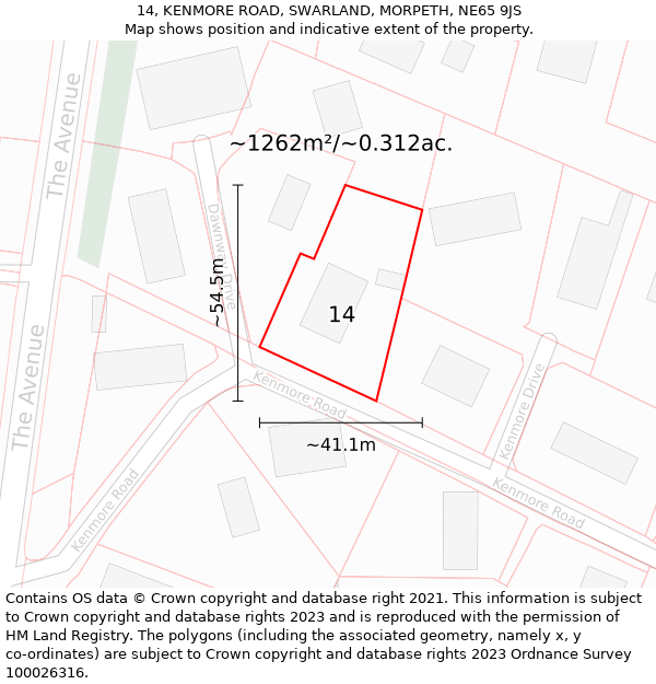 14, KENMORE ROAD, SWARLAND, MORPETH, NE65 9JS: Plot and title map