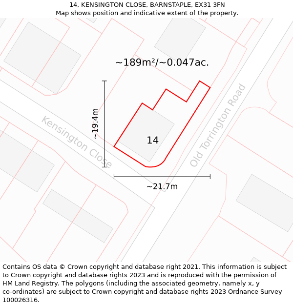 14, KENSINGTON CLOSE, BARNSTAPLE, EX31 3FN: Plot and title map