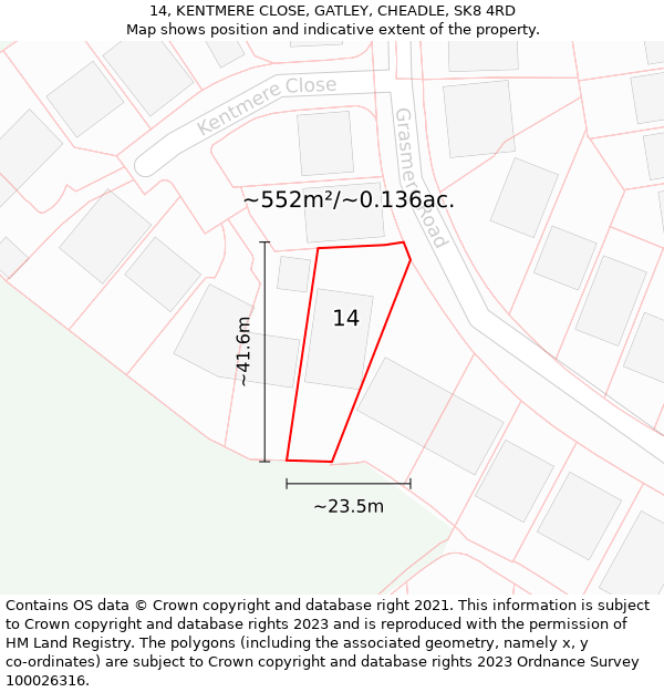 14, KENTMERE CLOSE, GATLEY, CHEADLE, SK8 4RD: Plot and title map