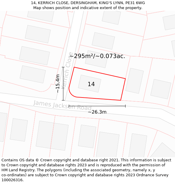 14, KERRICH CLOSE, DERSINGHAM, KING'S LYNN, PE31 6WG: Plot and title map