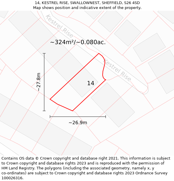 14, KESTREL RISE, SWALLOWNEST, SHEFFIELD, S26 4SD: Plot and title map