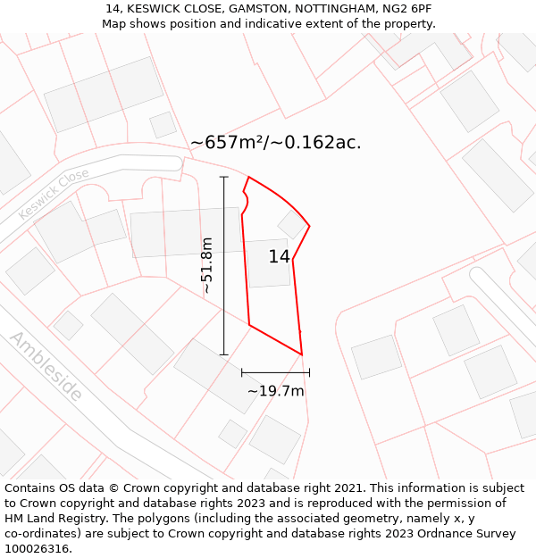 14, KESWICK CLOSE, GAMSTON, NOTTINGHAM, NG2 6PF: Plot and title map