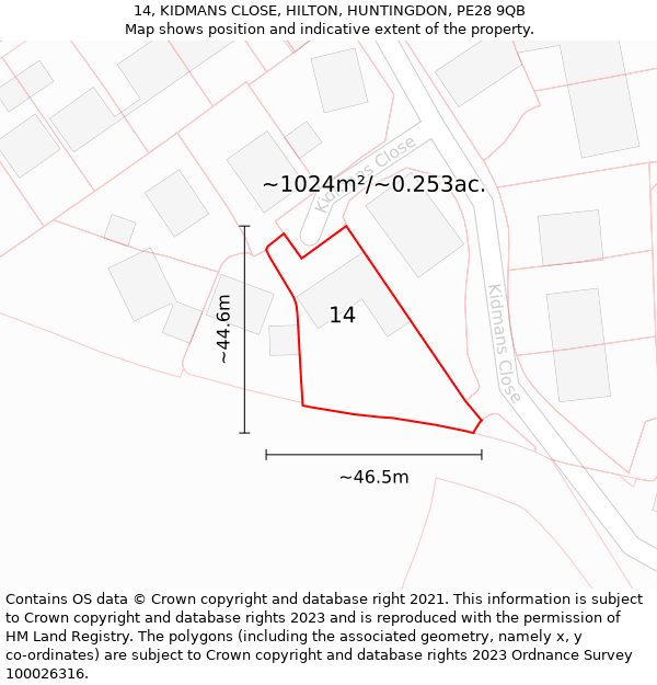 14, KIDMANS CLOSE, HILTON, HUNTINGDON, PE28 9QB: Plot and title map