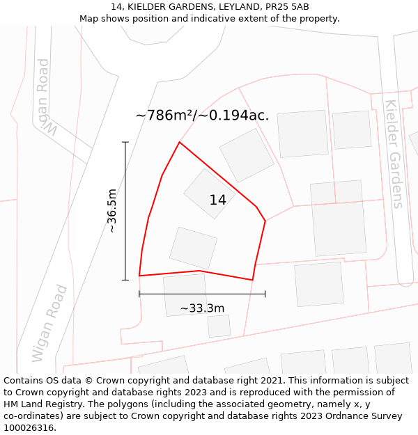 14, KIELDER GARDENS, LEYLAND, PR25 5AB: Plot and title map