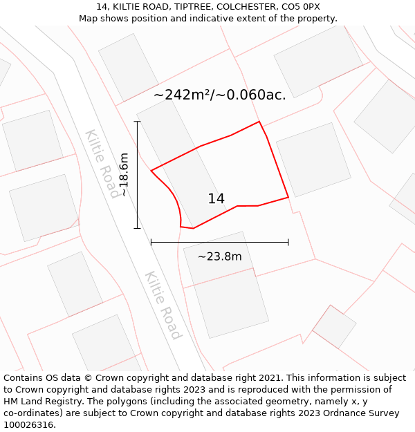 14, KILTIE ROAD, TIPTREE, COLCHESTER, CO5 0PX: Plot and title map