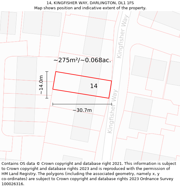 14, KINGFISHER WAY, DARLINGTON, DL1 1FS: Plot and title map