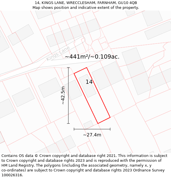 14, KINGS LANE, WRECCLESHAM, FARNHAM, GU10 4QB: Plot and title map