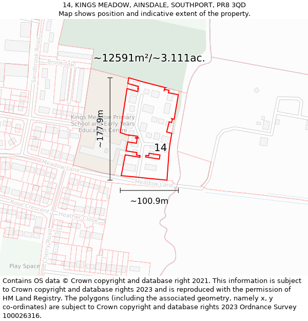 14, KINGS MEADOW, AINSDALE, SOUTHPORT, PR8 3QD: Plot and title map