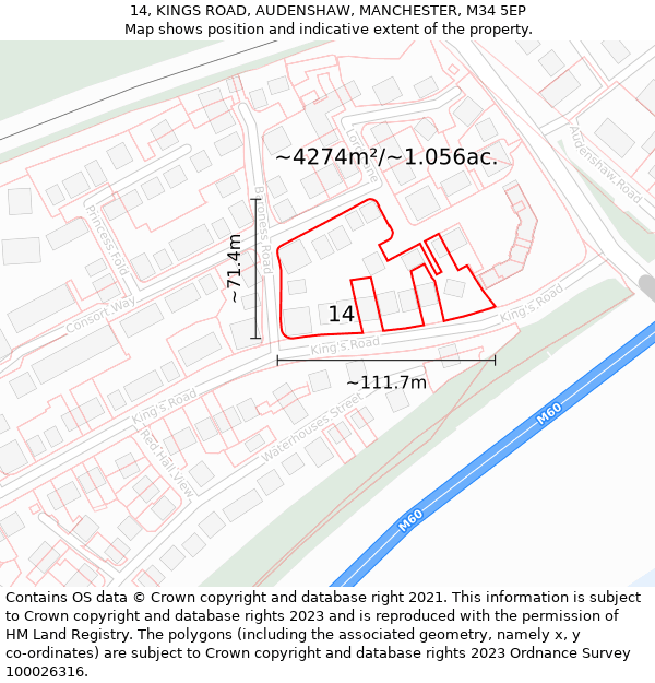 14, KINGS ROAD, AUDENSHAW, MANCHESTER, M34 5EP: Plot and title map