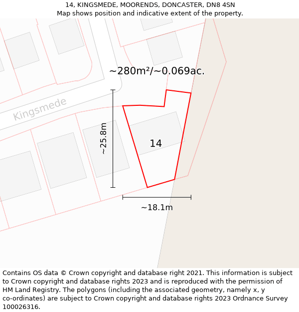 14, KINGSMEDE, MOORENDS, DONCASTER, DN8 4SN: Plot and title map