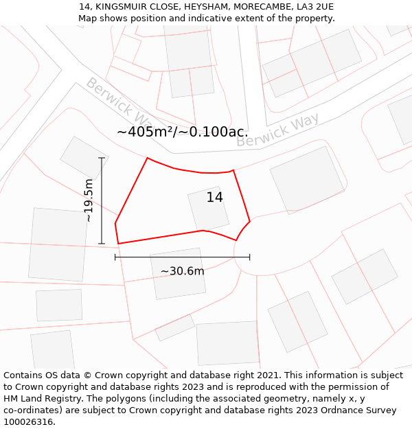 14, KINGSMUIR CLOSE, HEYSHAM, MORECAMBE, LA3 2UE: Plot and title map