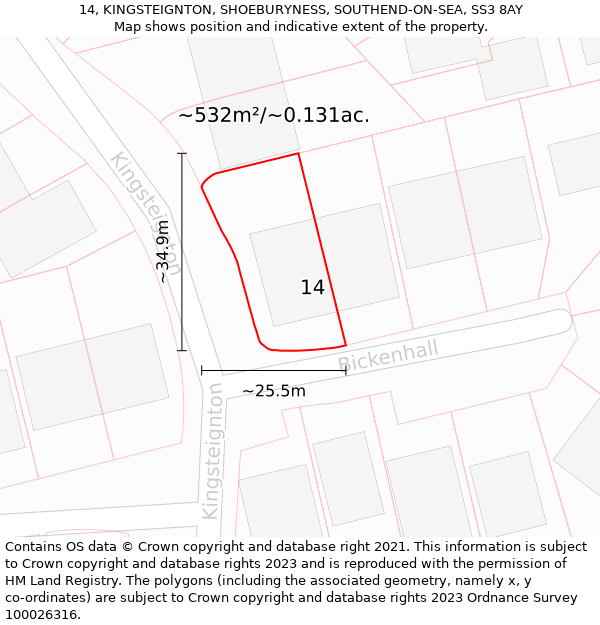 14, KINGSTEIGNTON, SHOEBURYNESS, SOUTHEND-ON-SEA, SS3 8AY: Plot and title map