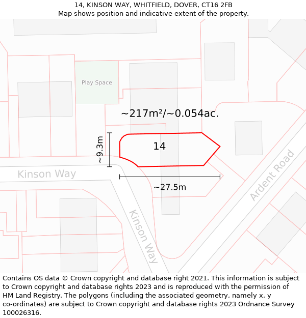 14, KINSON WAY, WHITFIELD, DOVER, CT16 2FB: Plot and title map