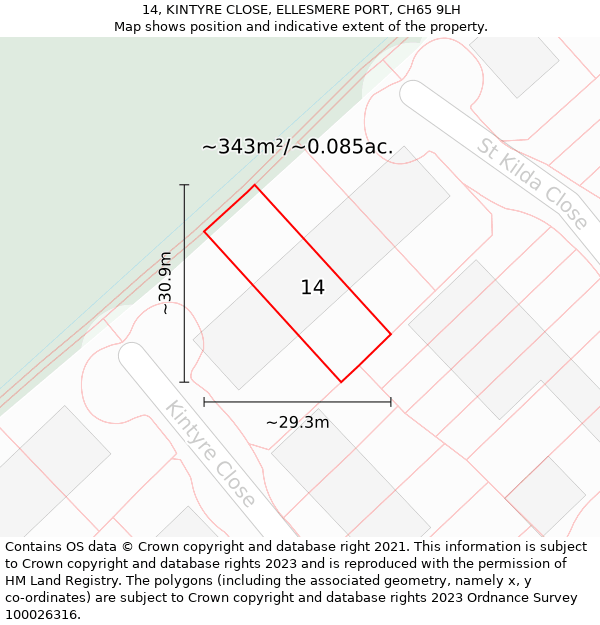 14, KINTYRE CLOSE, ELLESMERE PORT, CH65 9LH: Plot and title map