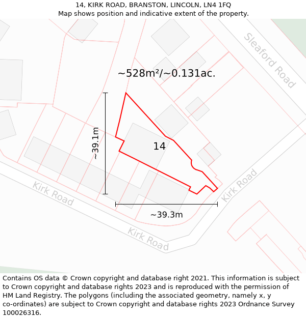 14, KIRK ROAD, BRANSTON, LINCOLN, LN4 1FQ: Plot and title map