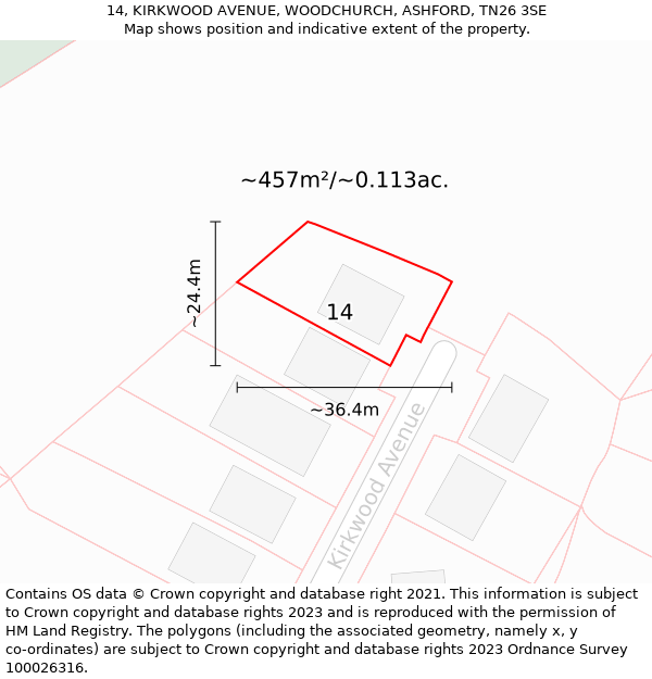 14, KIRKWOOD AVENUE, WOODCHURCH, ASHFORD, TN26 3SE: Plot and title map