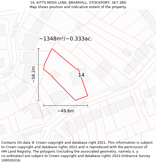 14, KITTS MOSS LANE, BRAMHALL, STOCKPORT, SK7 2BG: Plot and title map