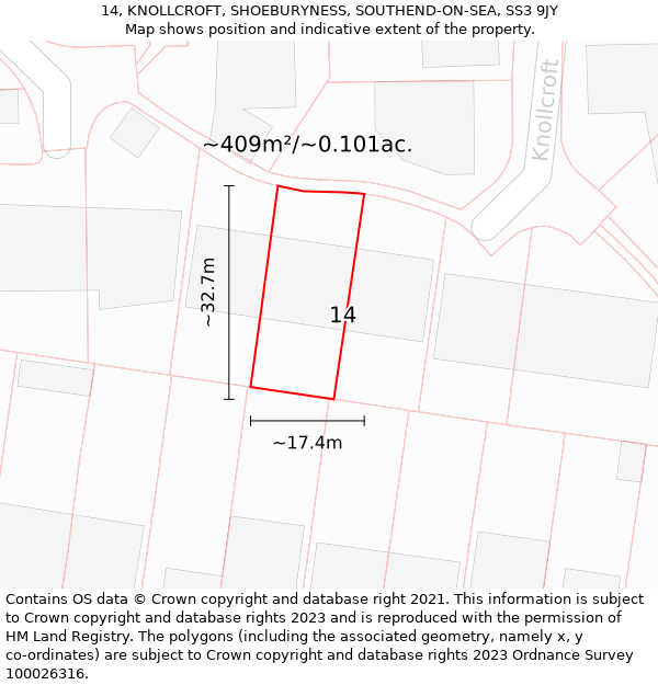 14, KNOLLCROFT, SHOEBURYNESS, SOUTHEND-ON-SEA, SS3 9JY: Plot and title map