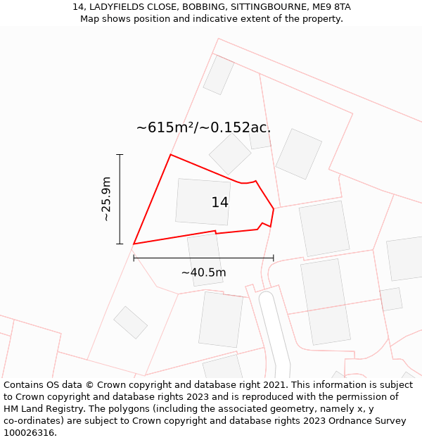 14, LADYFIELDS CLOSE, BOBBING, SITTINGBOURNE, ME9 8TA: Plot and title map