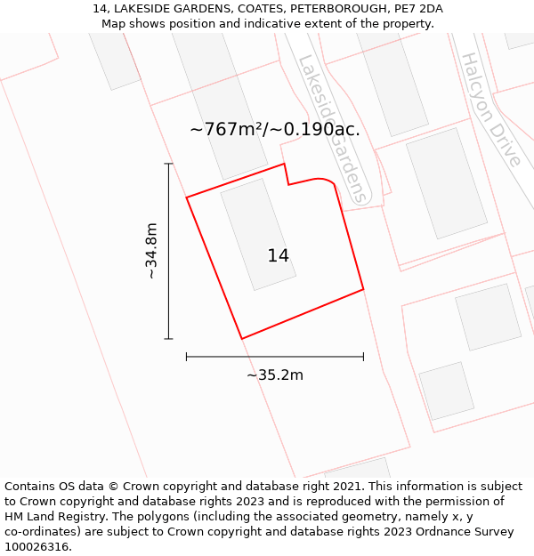 14, LAKESIDE GARDENS, COATES, PETERBOROUGH, PE7 2DA: Plot and title map