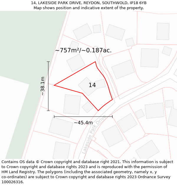 14, LAKESIDE PARK DRIVE, REYDON, SOUTHWOLD, IP18 6YB: Plot and title map