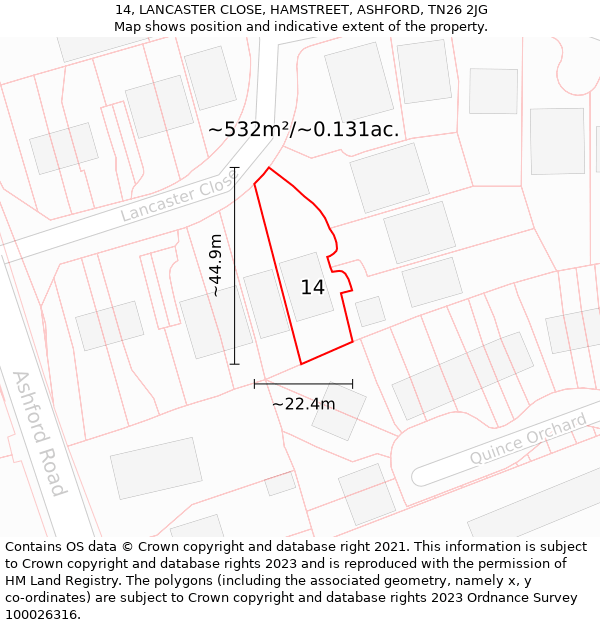 14, LANCASTER CLOSE, HAMSTREET, ASHFORD, TN26 2JG: Plot and title map