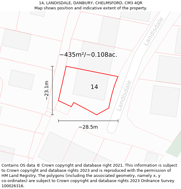 14, LANDISDALE, DANBURY, CHELMSFORD, CM3 4QR: Plot and title map