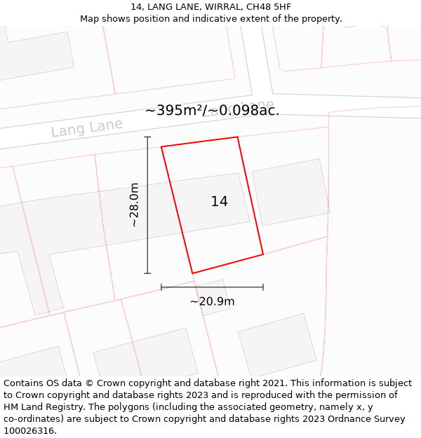 14, LANG LANE, WIRRAL, CH48 5HF: Plot and title map
