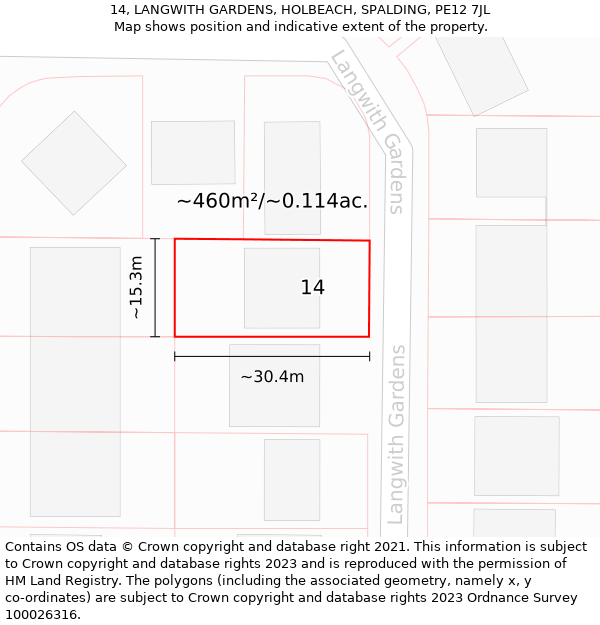 14, LANGWITH GARDENS, HOLBEACH, SPALDING, PE12 7JL: Plot and title map