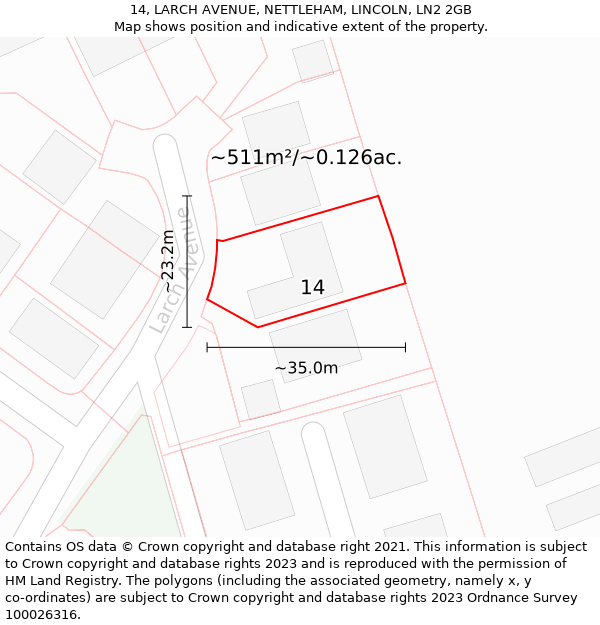 14, LARCH AVENUE, NETTLEHAM, LINCOLN, LN2 2GB: Plot and title map