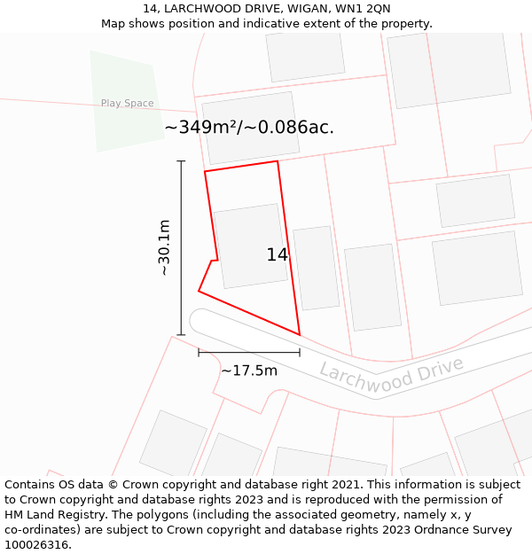 14, LARCHWOOD DRIVE, WIGAN, WN1 2QN: Plot and title map