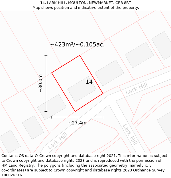 14, LARK HILL, MOULTON, NEWMARKET, CB8 8RT: Plot and title map