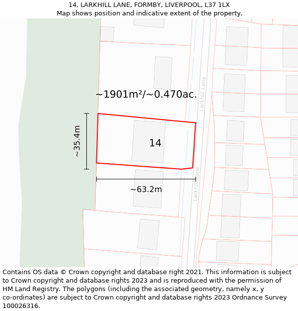 14, LARKHILL LANE, FORMBY, LIVERPOOL, L37 1LX: Plot and title map