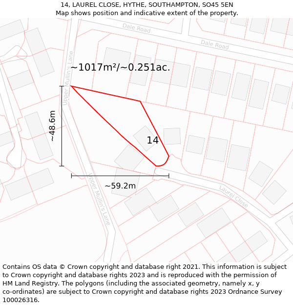 14, LAUREL CLOSE, HYTHE, SOUTHAMPTON, SO45 5EN: Plot and title map