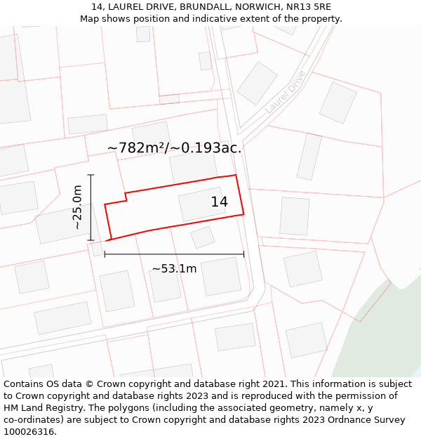 14, LAUREL DRIVE, BRUNDALL, NORWICH, NR13 5RE: Plot and title map