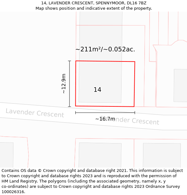 14, LAVENDER CRESCENT, SPENNYMOOR, DL16 7BZ: Plot and title map