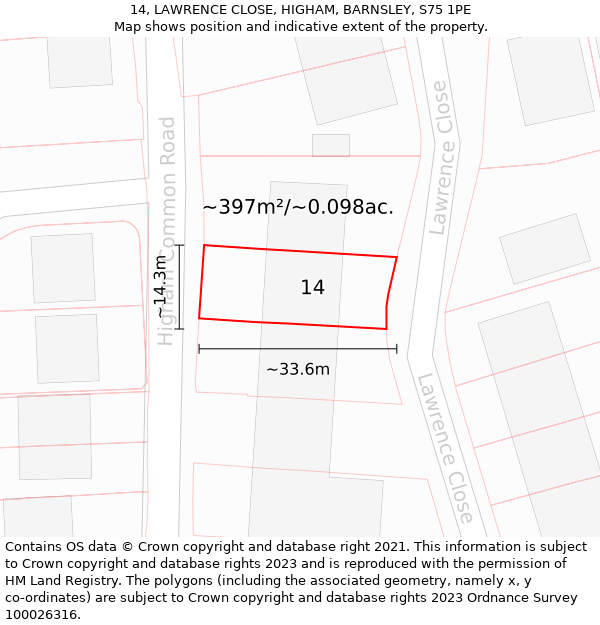 14, LAWRENCE CLOSE, HIGHAM, BARNSLEY, S75 1PE: Plot and title map