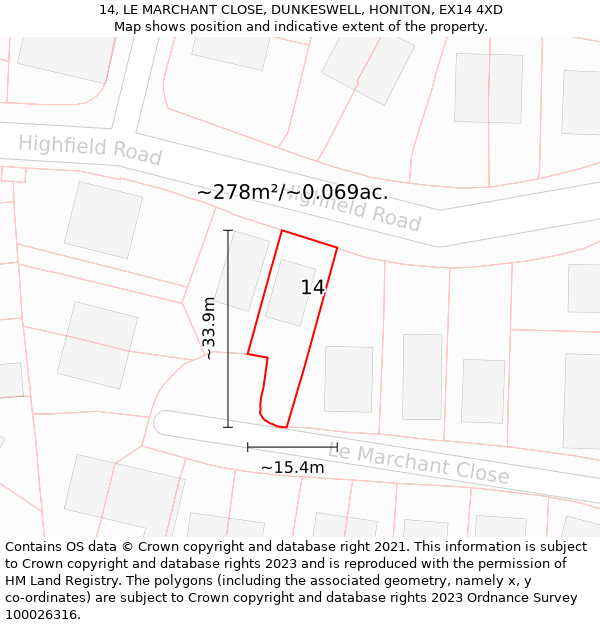 14, LE MARCHANT CLOSE, DUNKESWELL, HONITON, EX14 4XD: Plot and title map
