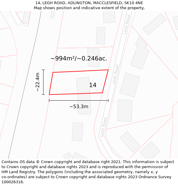 14, LEGH ROAD, ADLINGTON, MACCLESFIELD, SK10 4NE: Plot and title map