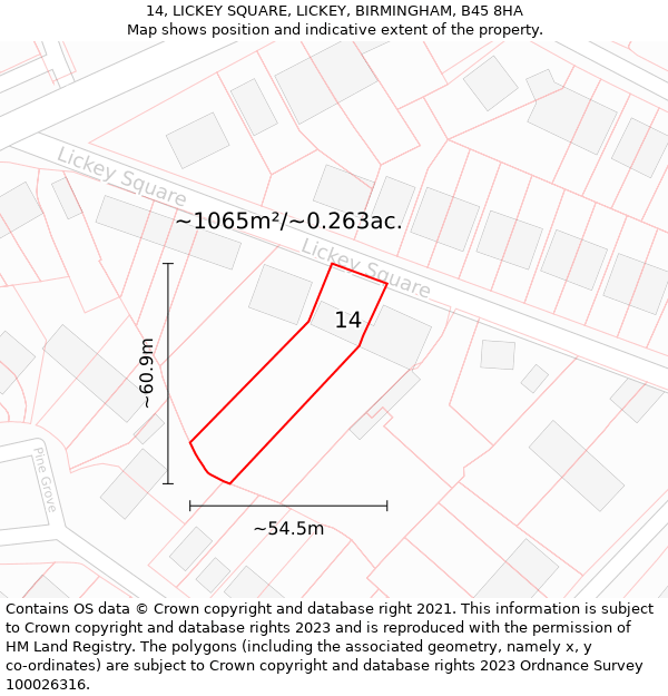 14, LICKEY SQUARE, LICKEY, BIRMINGHAM, B45 8HA: Plot and title map