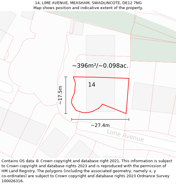 14, LIME AVENUE, MEASHAM, SWADLINCOTE, DE12 7NG: Plot and title map