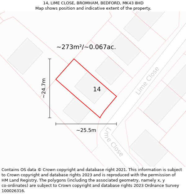 14, LIME CLOSE, BROMHAM, BEDFORD, MK43 8HD: Plot and title map