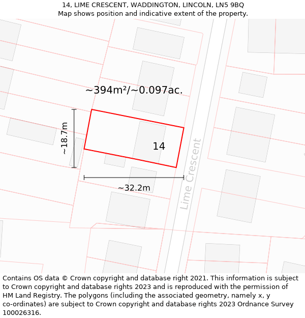 14, LIME CRESCENT, WADDINGTON, LINCOLN, LN5 9BQ: Plot and title map