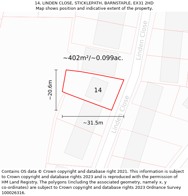 14, LINDEN CLOSE, STICKLEPATH, BARNSTAPLE, EX31 2HD: Plot and title map