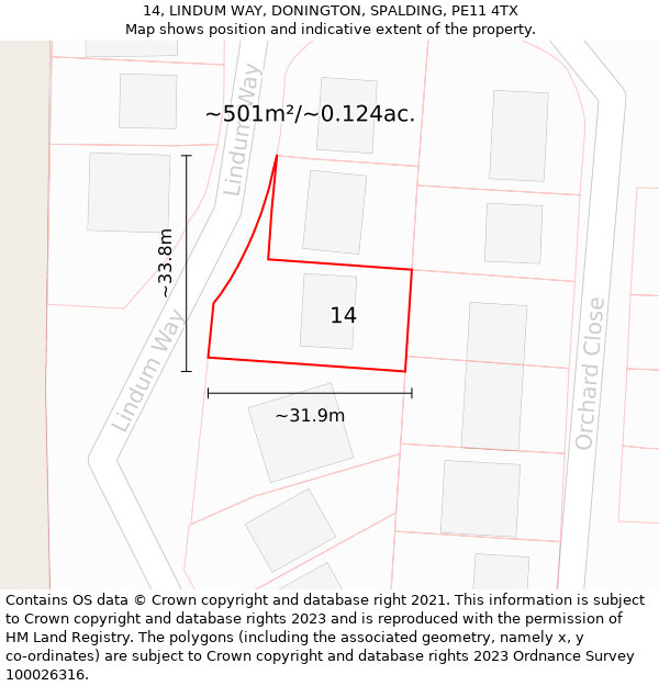 14, LINDUM WAY, DONINGTON, SPALDING, PE11 4TX: Plot and title map